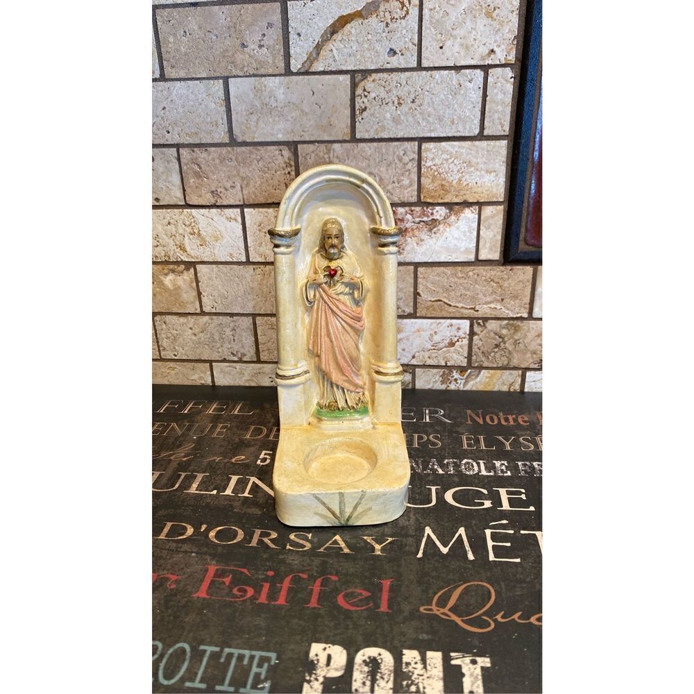 VINTAGE P S C I CHALK WARE JESUS STATUE CANDLE HOLDER 7.5”